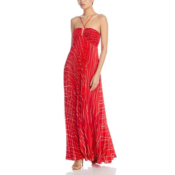 BCBGMAXAZRIA Women's Pleated Chiffon Long Dress Rosso Combo Size 6 NWT - Picture 1 of 13
